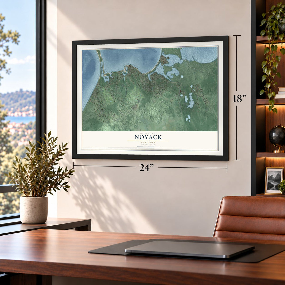 Noyack, New York map, 18 x 24 inch print in a black frame in a home office