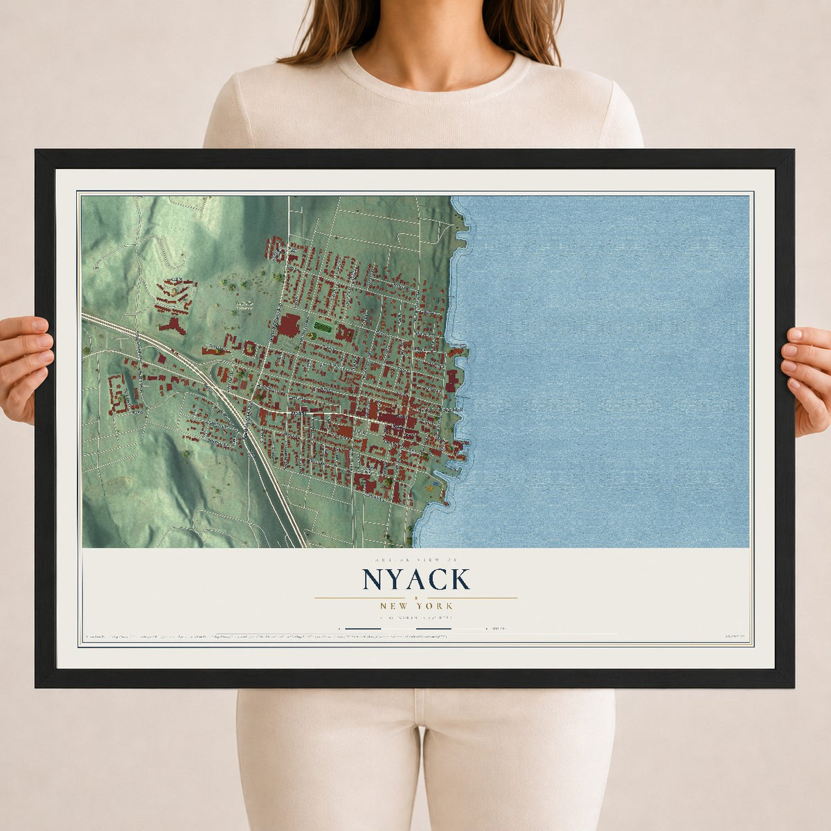 Nyack, New York map print, 18" x 24" W/ Black Ayous Wood Frame mockup
