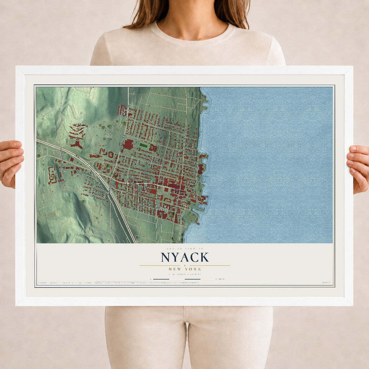 Nyack, New York map print, 18" x 24" W/ White Ayous Wood Frame mockup