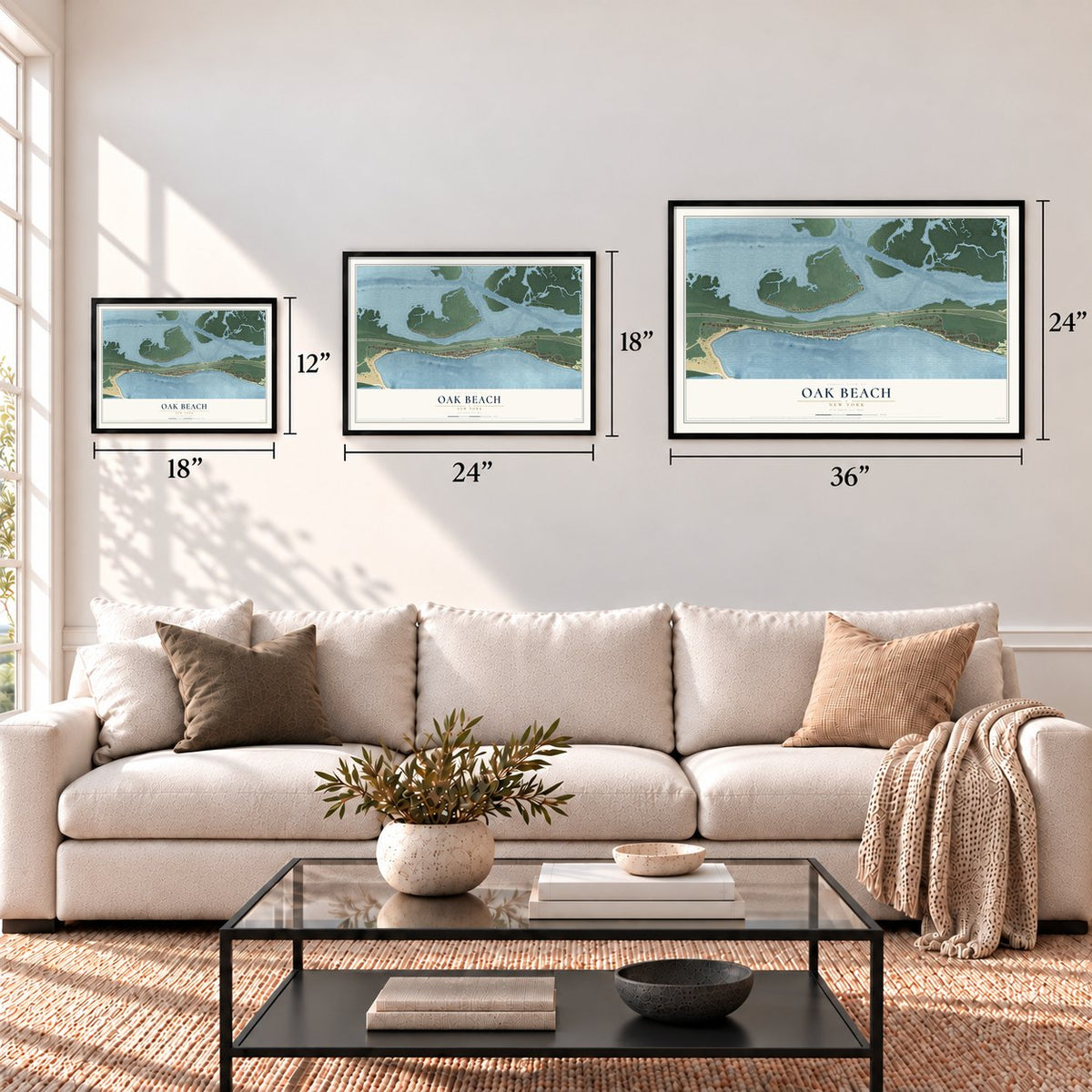 Oak Beach, New York map in 12 x 18, 18 x 24 and 24 x 36 inch sizes above a sofa