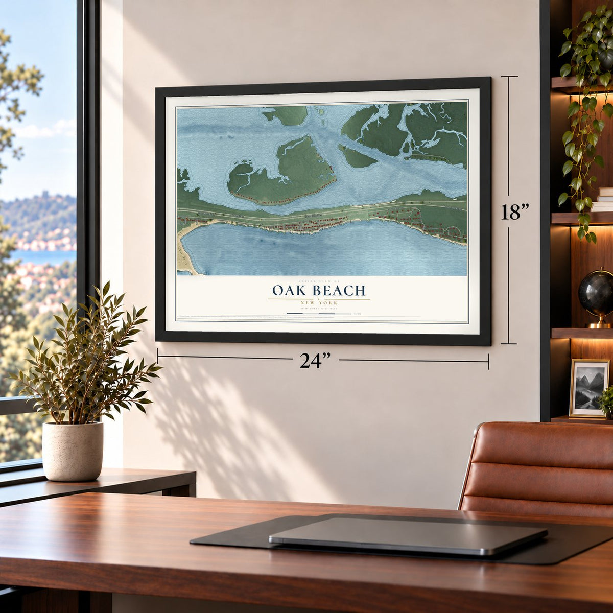 Oak Beach, New York map, 18 x 24 inch print in a black frame in a home office