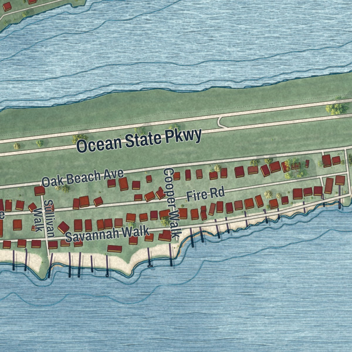 Close-up of the map of Oak Beach, New York print showing street and building detail