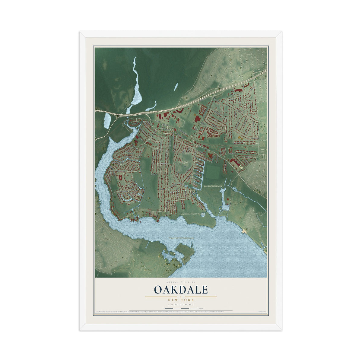 Oakdale, New York map print, 12" x 18" W/ White Ayous Wood Frame mockup