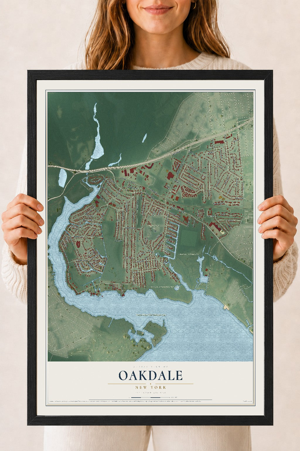 Oakdale, New York map print, 18" x 24" W/ Black Ayous Wood Frame mockup