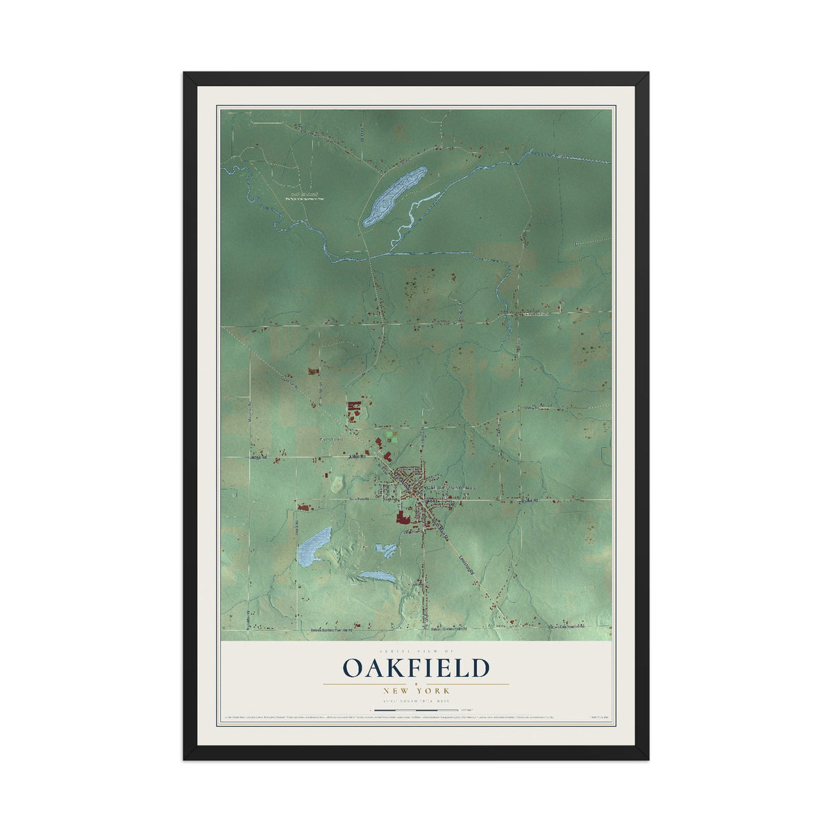 Oakfield, New York map print, 12" x 18" W/ Black Ayous Wood Frame mockup