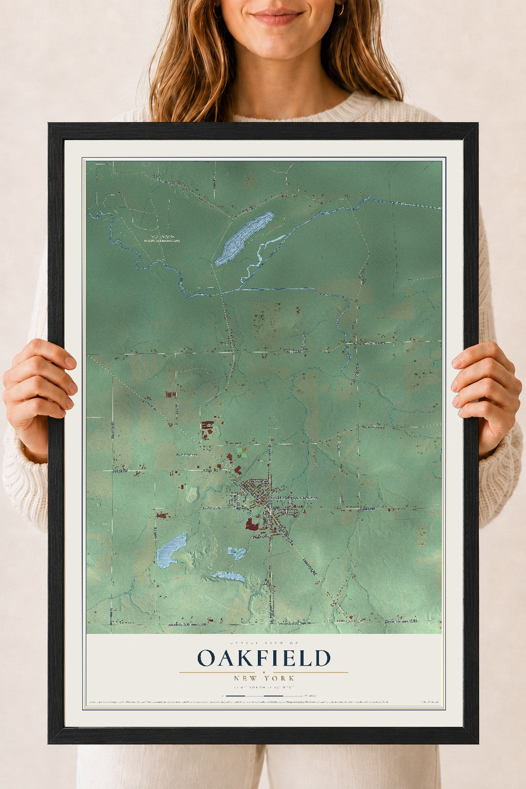 Oakfield, New York map print, 18" x 24" W/ Black Ayous Wood Frame mockup