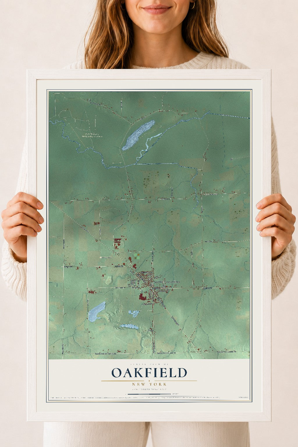 Oakfield, New York map print, 18" x 24" W/ White Ayous Wood Frame mockup