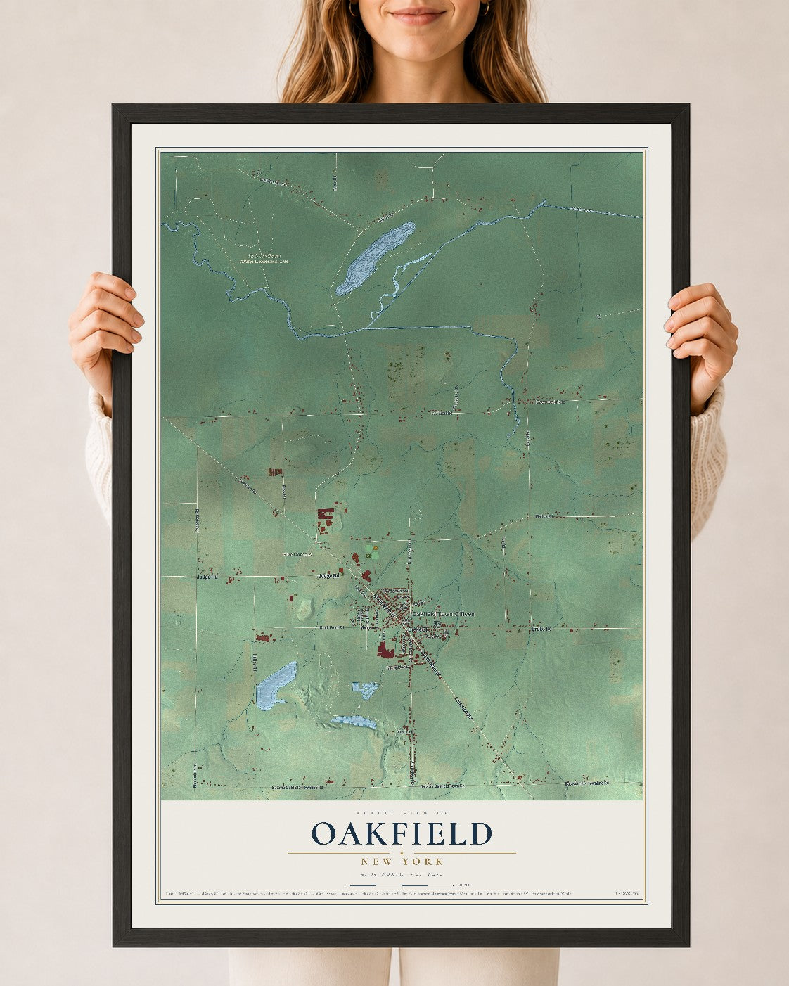 Oakfield, New York map print, 24" x 36" W/ Black Ayous Wood Frame mockup