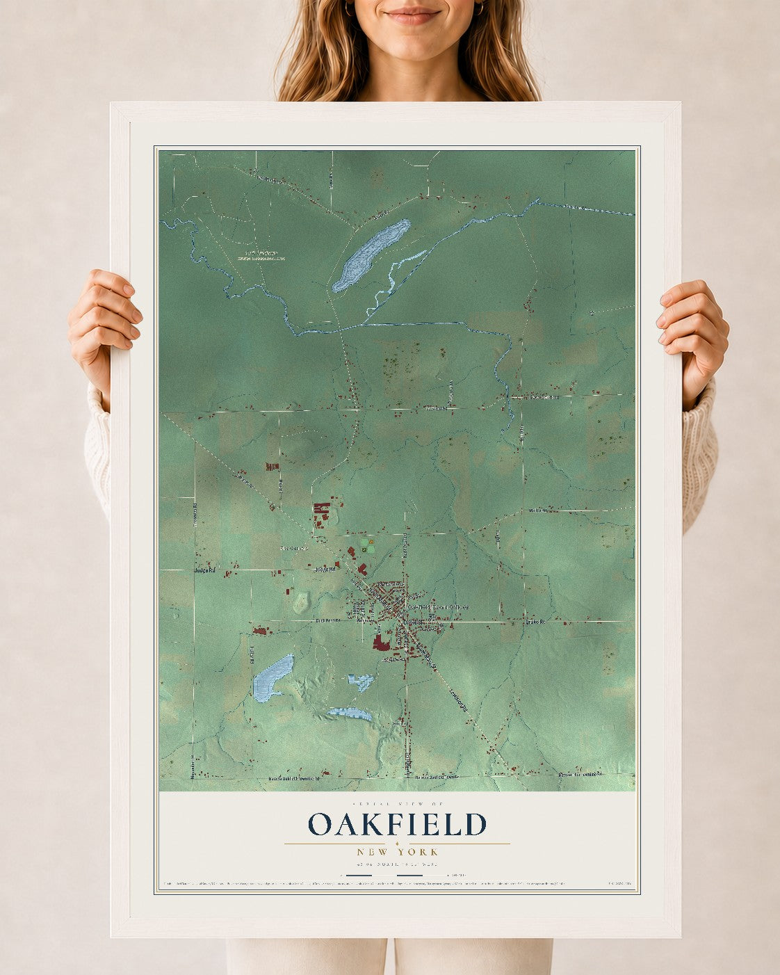 Oakfield, New York map print, 24" x 36" W/ White Ayous Wood Frame mockup