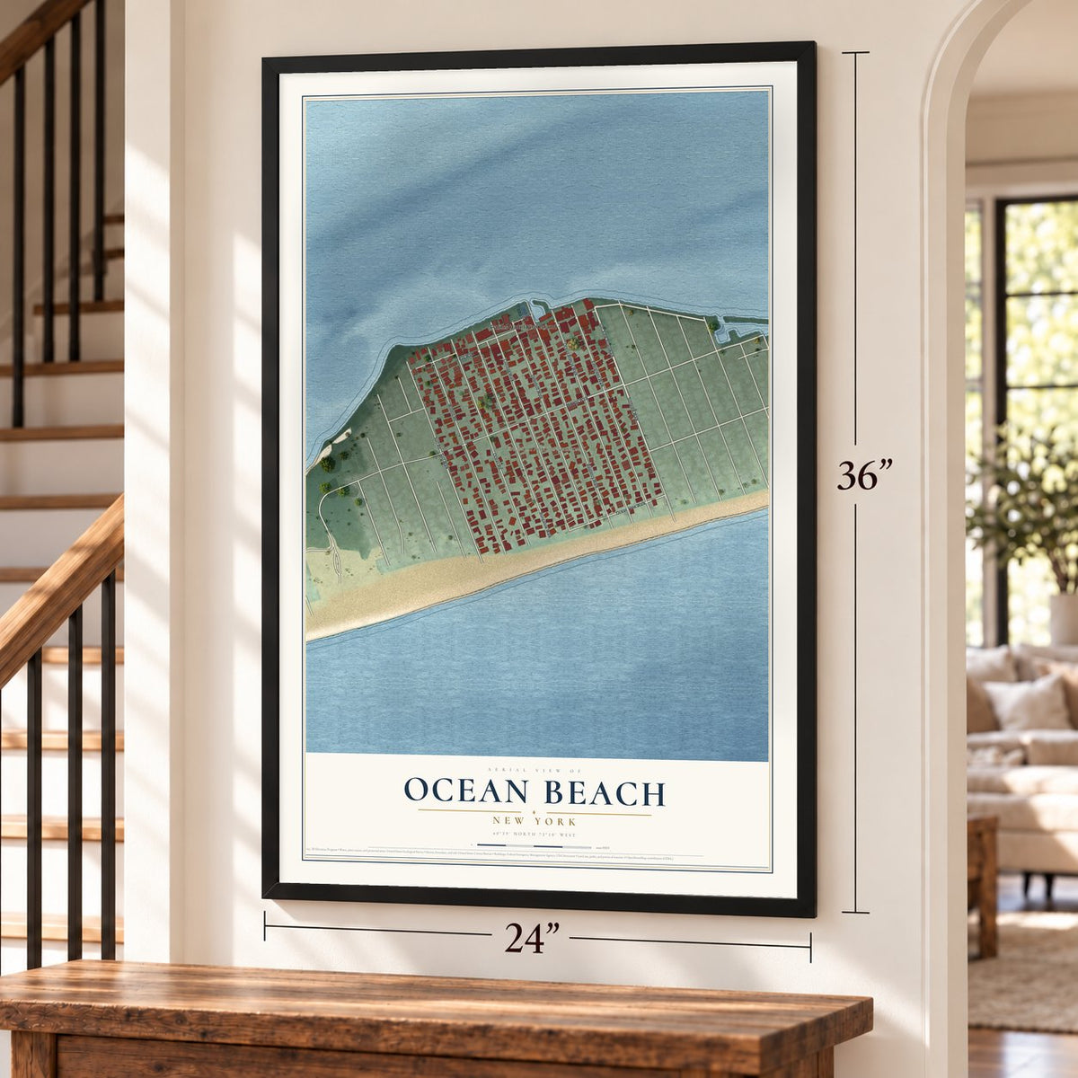 Ocean Beach, New York map, 24 x 36 inch print in a black frame by a staircase