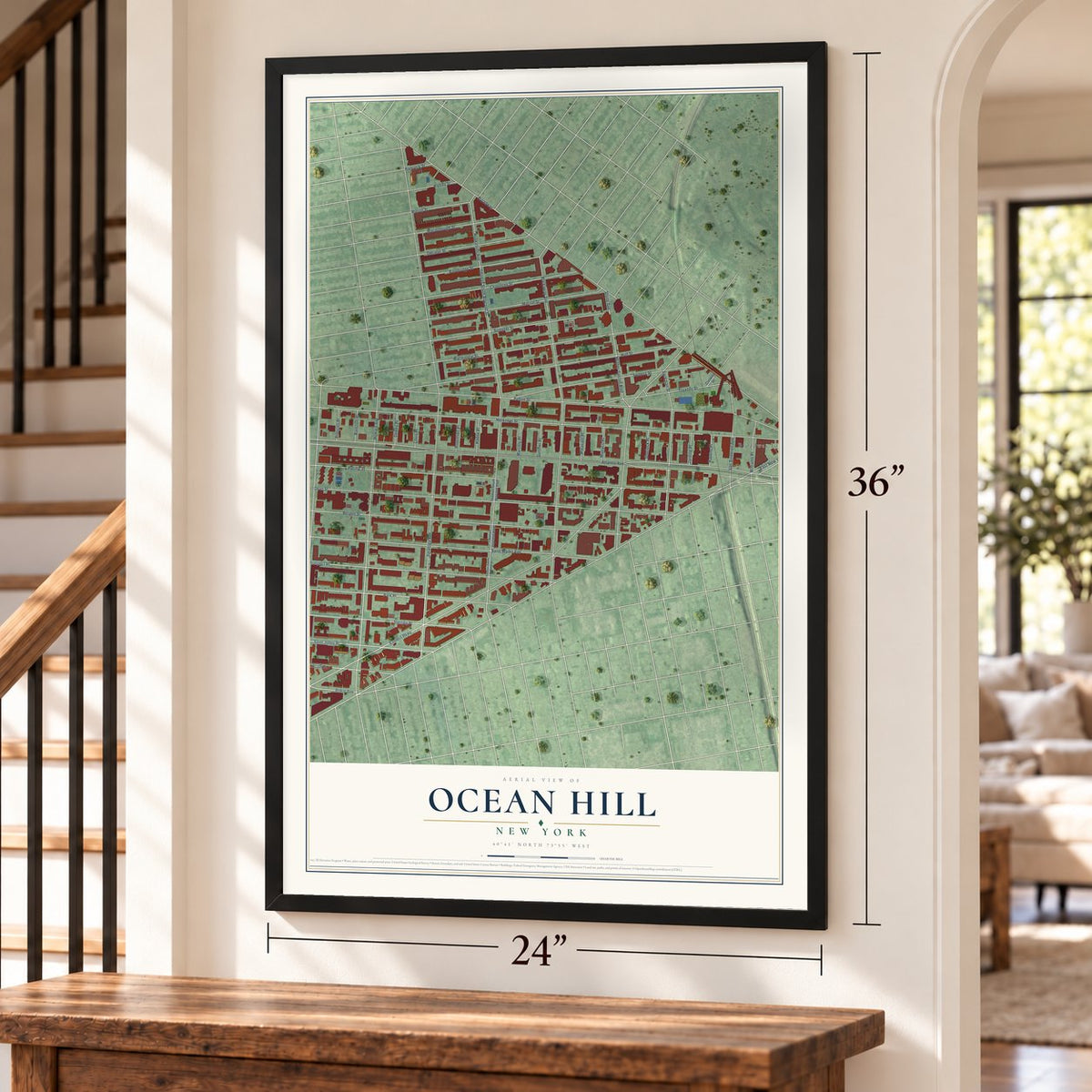 Ocean Hill, New York map, 24 x 36 inch print in a black frame by a staircase