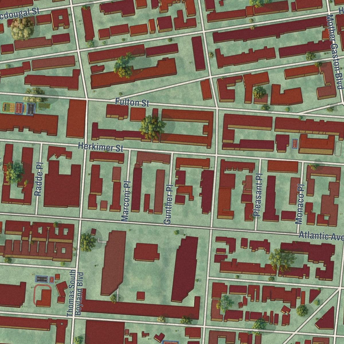 Close-up of the map of Ocean Hill, New York print showing street and building detail