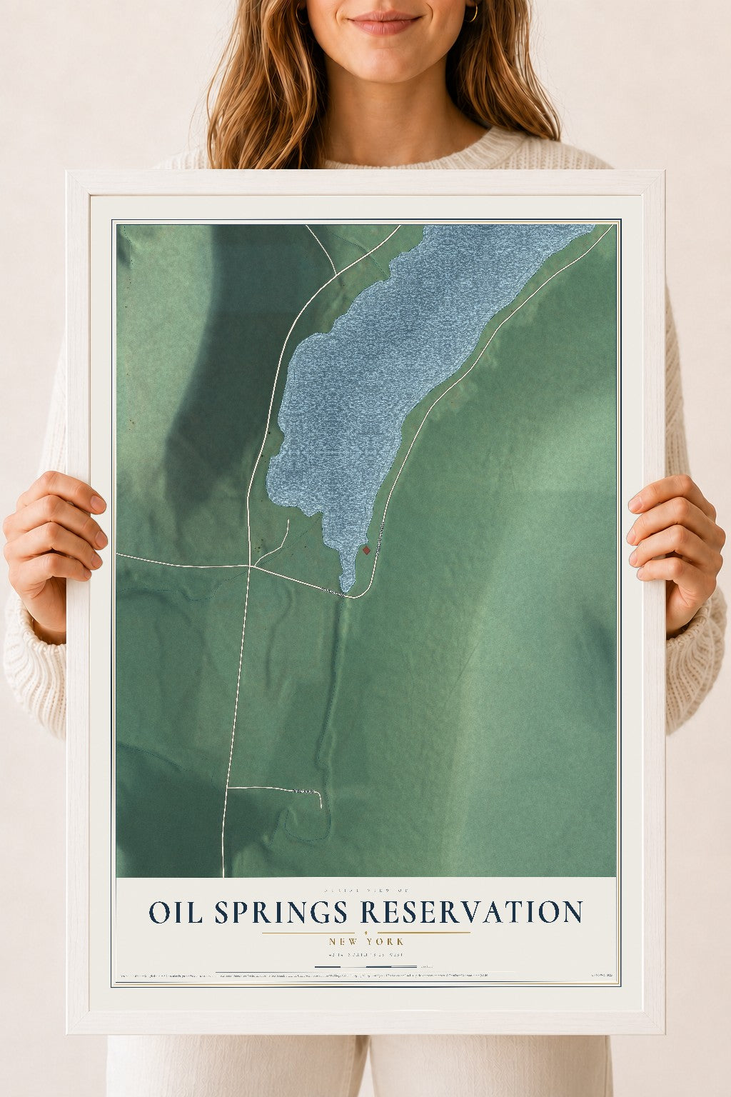 Oil Springs Reservation, New York map print, 18" x 24" W/ White Ayous Wood Frame mockup