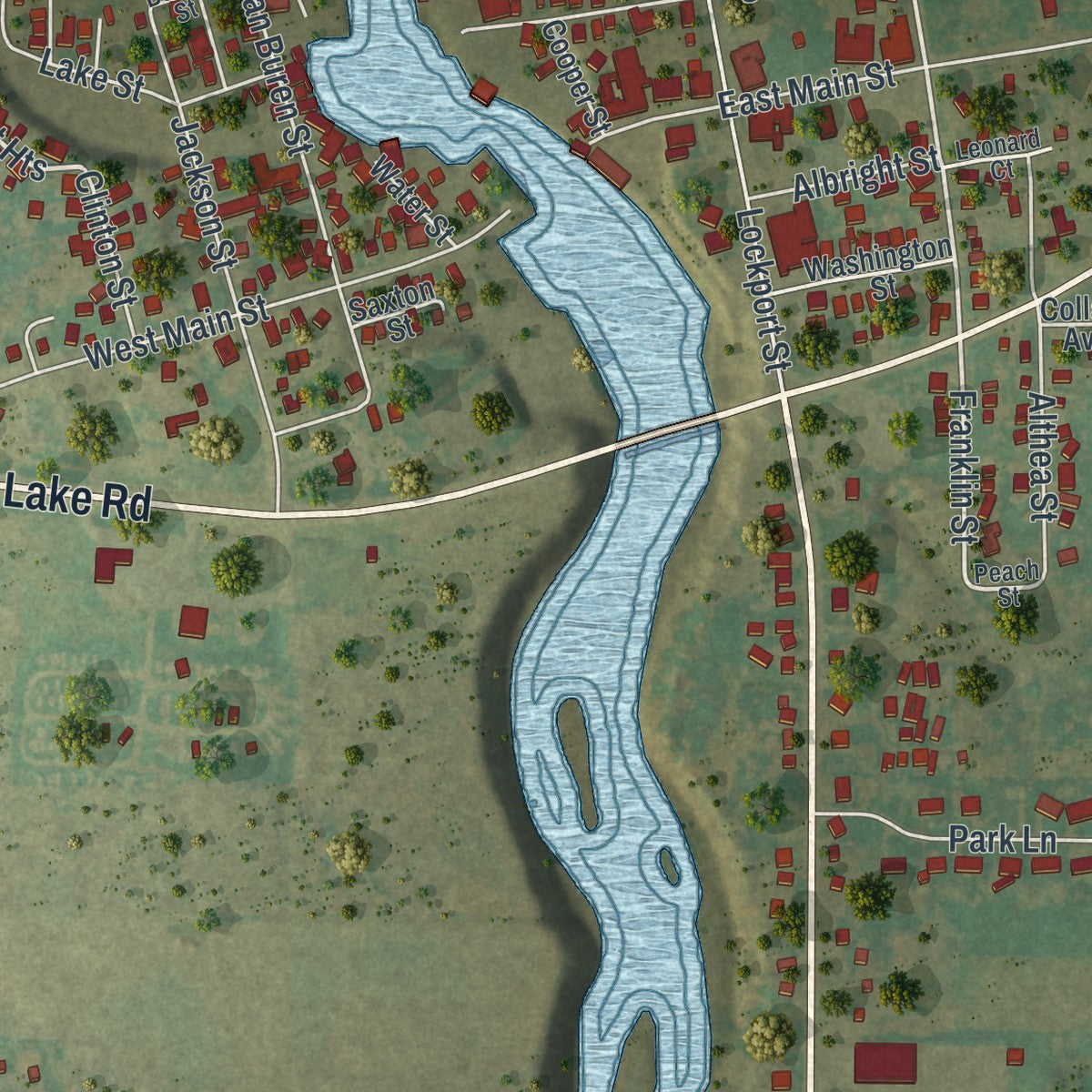 Close-up of the map of Olcott, New York print showing street and building detail