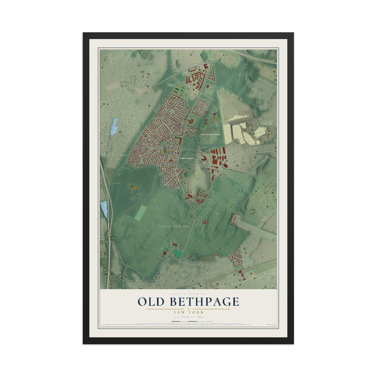 Old Bethpage, New York map print, 12" x 18" W/ Black Ayous Wood Frame mockup