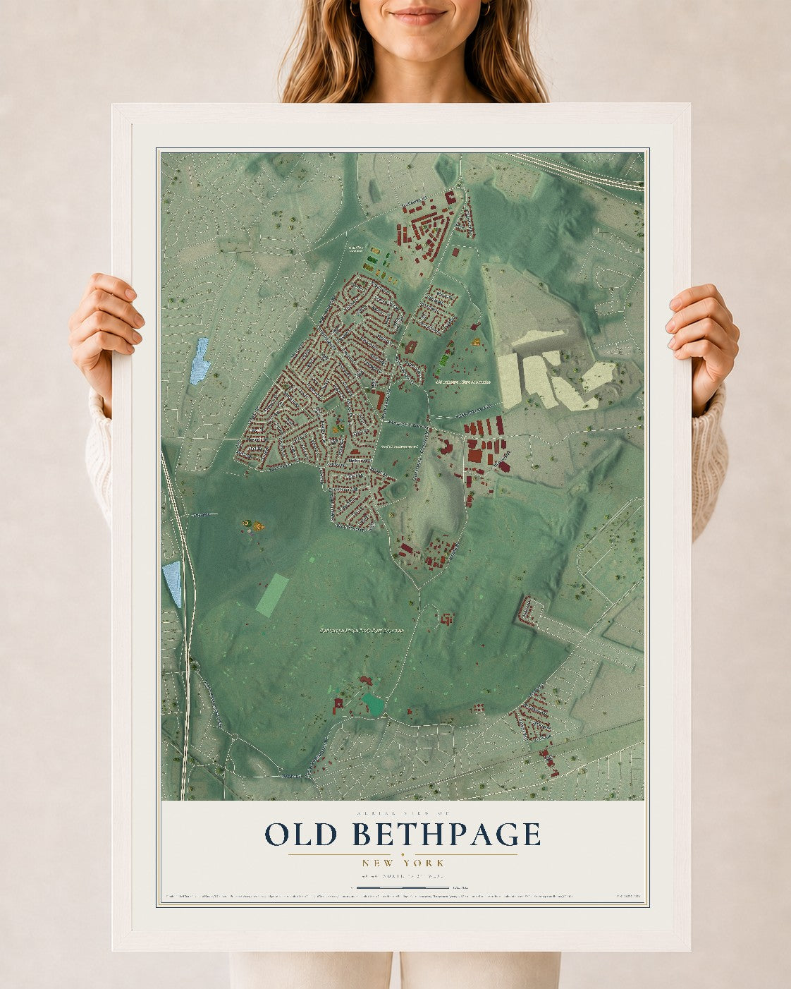 Old Bethpage, New York map print, 24" x 36" W/ White Ayous Wood Frame mockup