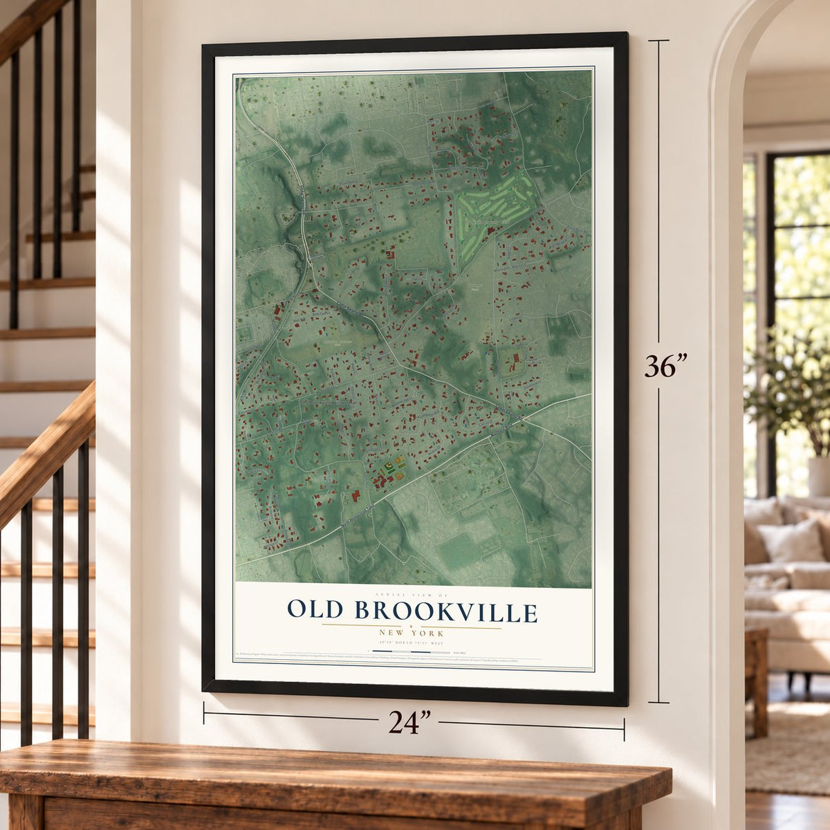 Old Brookville, New York map, 24 x 36 inch print in a black frame by a staircase