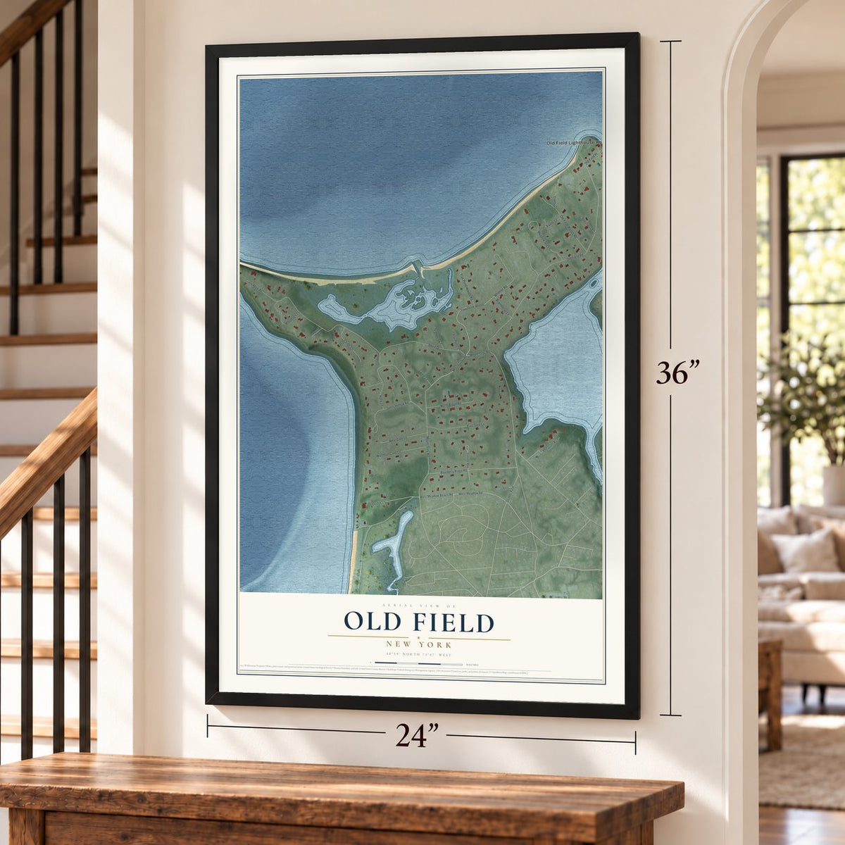 Old Field, New York map, 24 x 36 inch print in a black frame by a staircase