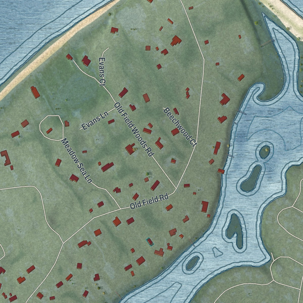 Close-up of the map of Old Field, New York print showing street and building detail