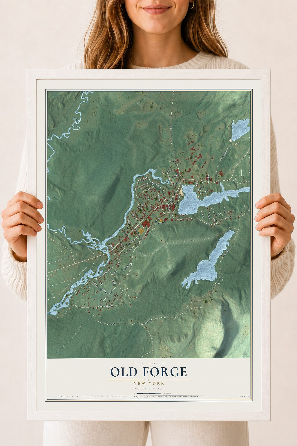 Old Forge, New York map print, 18" x 24" W/ White Ayous Wood Frame mockup