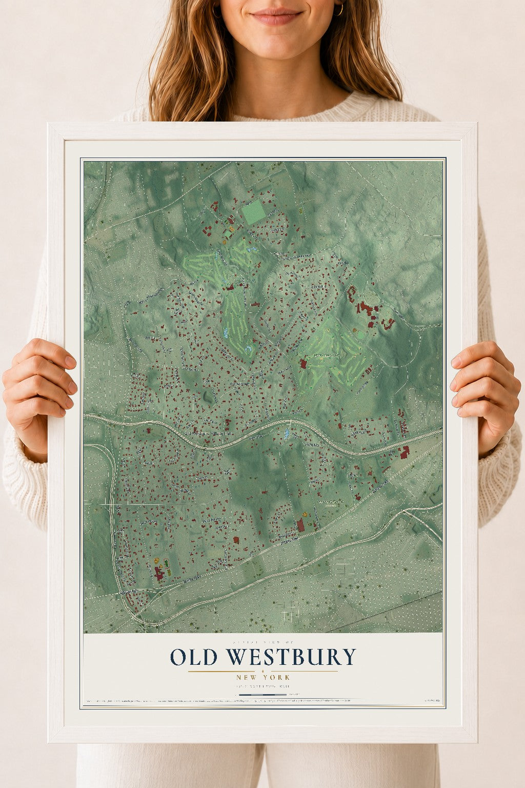 Old Westbury, New York map print, 18" x 24" W/ White Ayous Wood Frame mockup