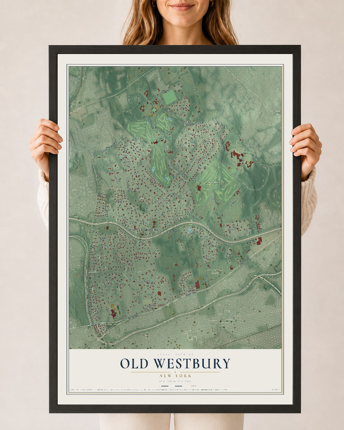 Old Westbury, New York map print, 24" x 36" W/ Black Ayous Wood Frame mockup