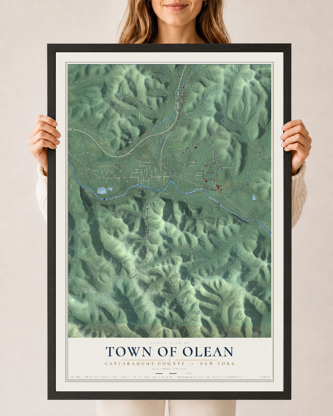Olean, New York map print, 24" x 36" W/ Black Ayous Wood Frame mockup