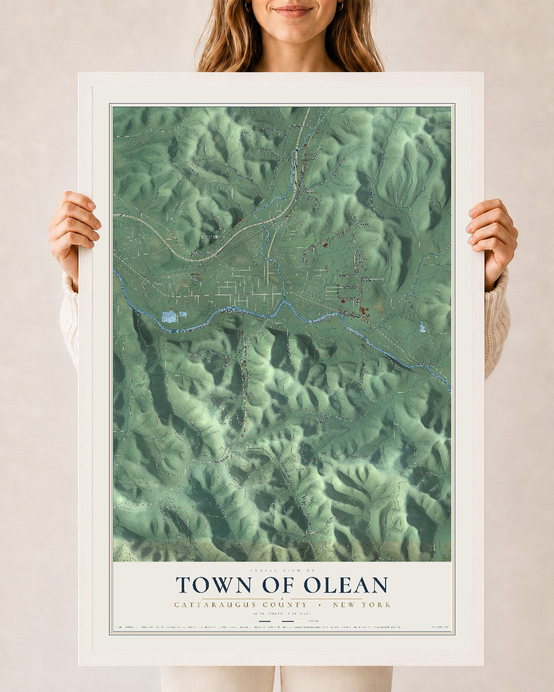 Olean, New York map print, 24" x 36" W/ White Ayous Wood Frame mockup
