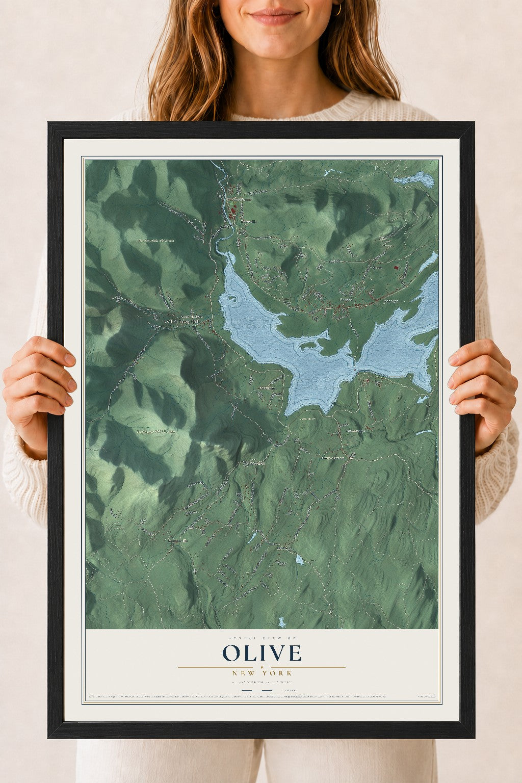 Olive, New York map print, 18" x 24" W/ Black Ayous Wood Frame mockup