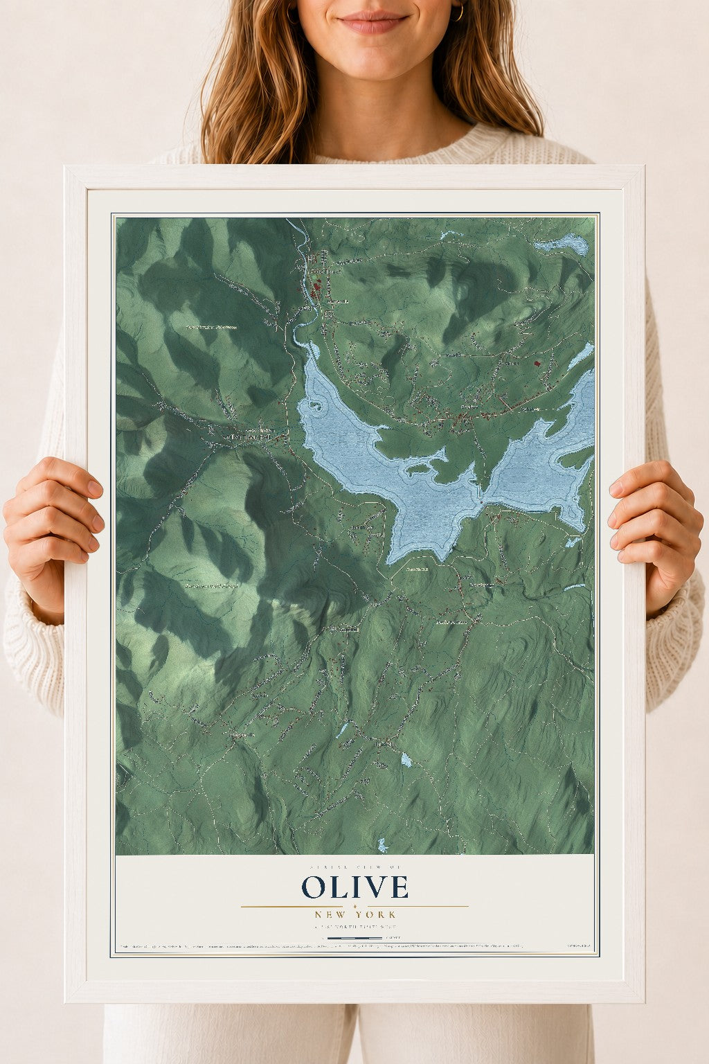 Olive, New York map print, 18" x 24" W/ White Ayous Wood Frame mockup