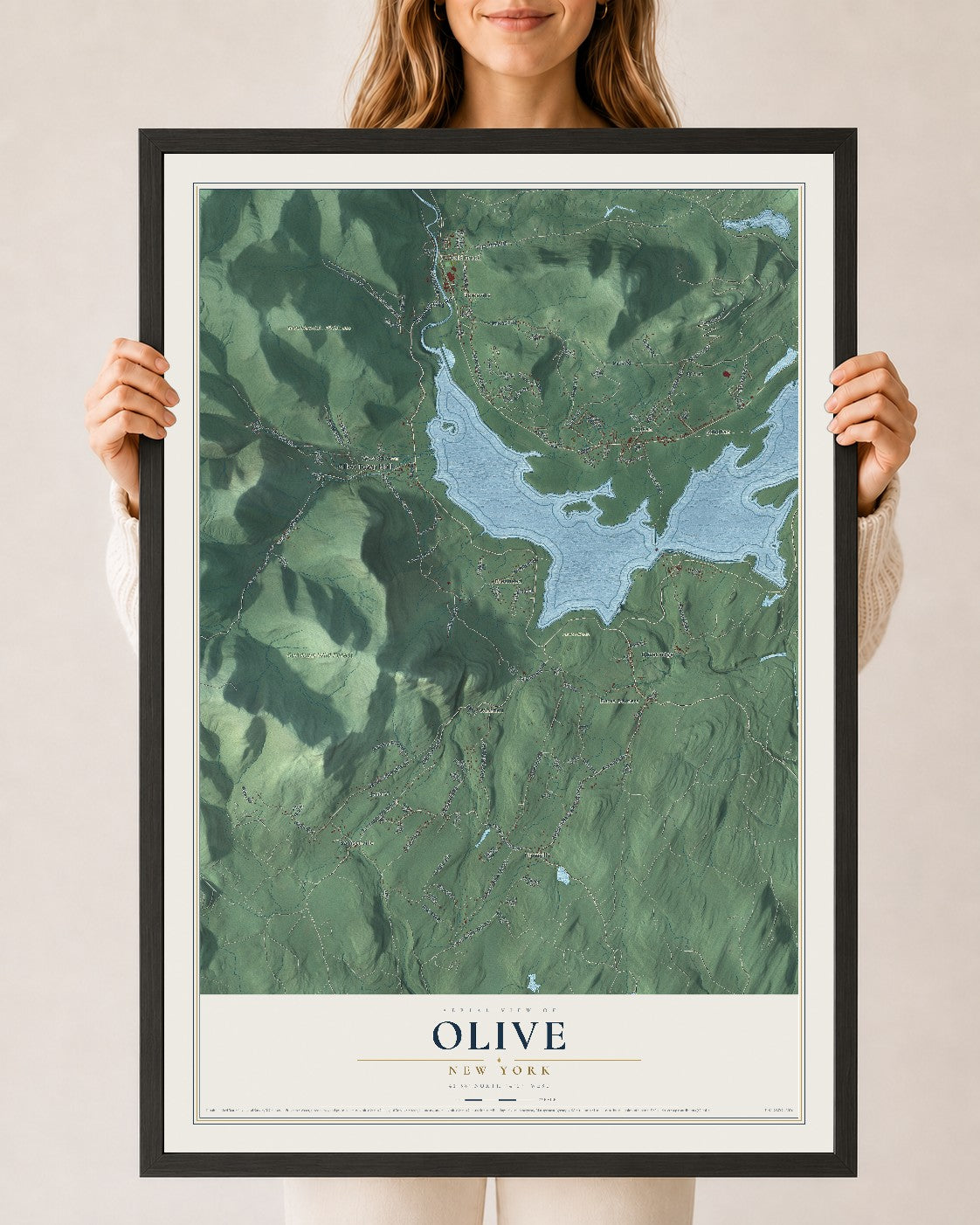 Olive, New York map print, 24" x 36" W/ Black Ayous Wood Frame mockup