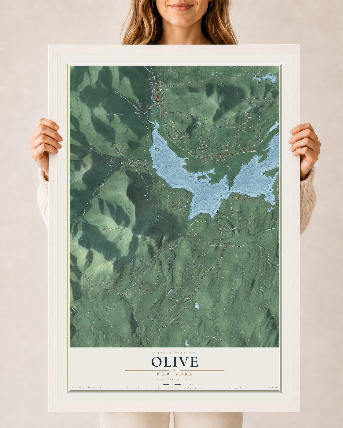 Olive, New York map print, 24" x 36" W/ White Ayous Wood Frame mockup