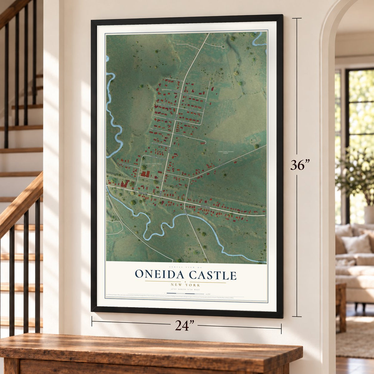 Oneida Castle, New York map, 24 x 36 inch print in a black frame by a staircase
