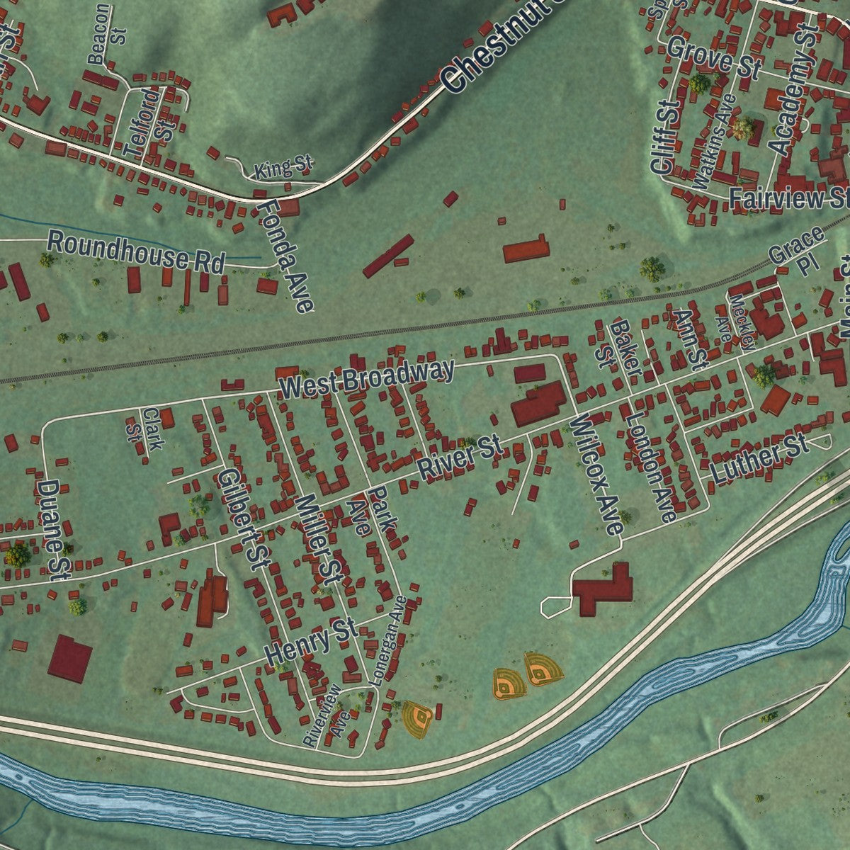 Close-up 2 of the Oneonta, New York map artwork