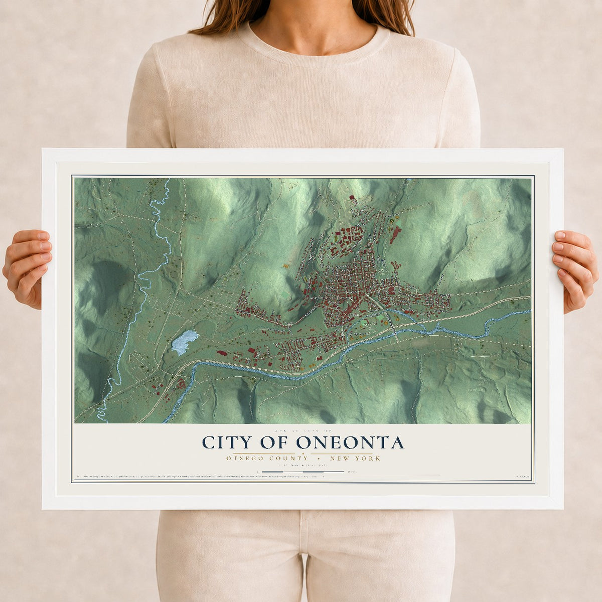 Oneonta, New York map print, 12" x 18" W/ White Ayous Wood Frame mockup