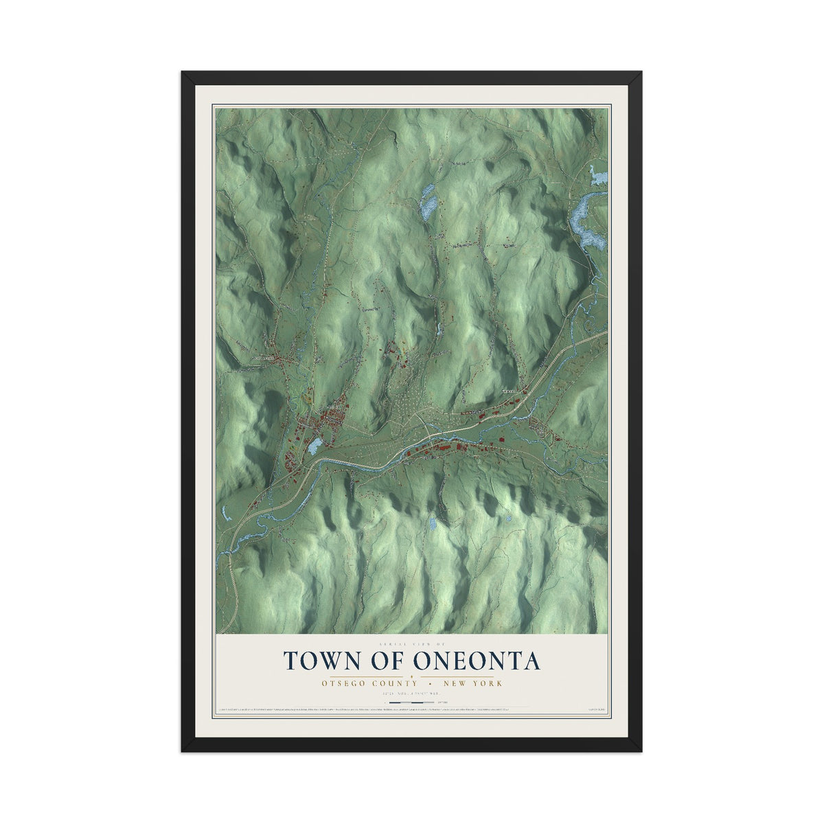 Oneonta, New York map print, 12" x 18" W/ Black Ayous Wood Frame mockup