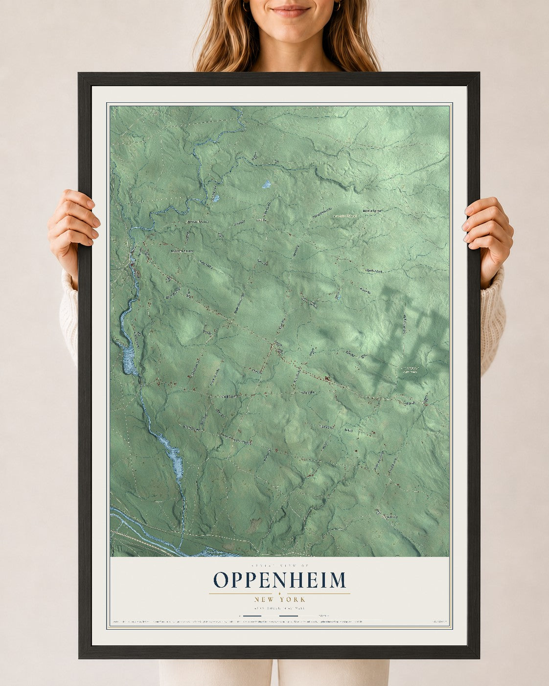 Oppenheim, New York map print, 24" x 36" W/ Black Ayous Wood Frame mockup