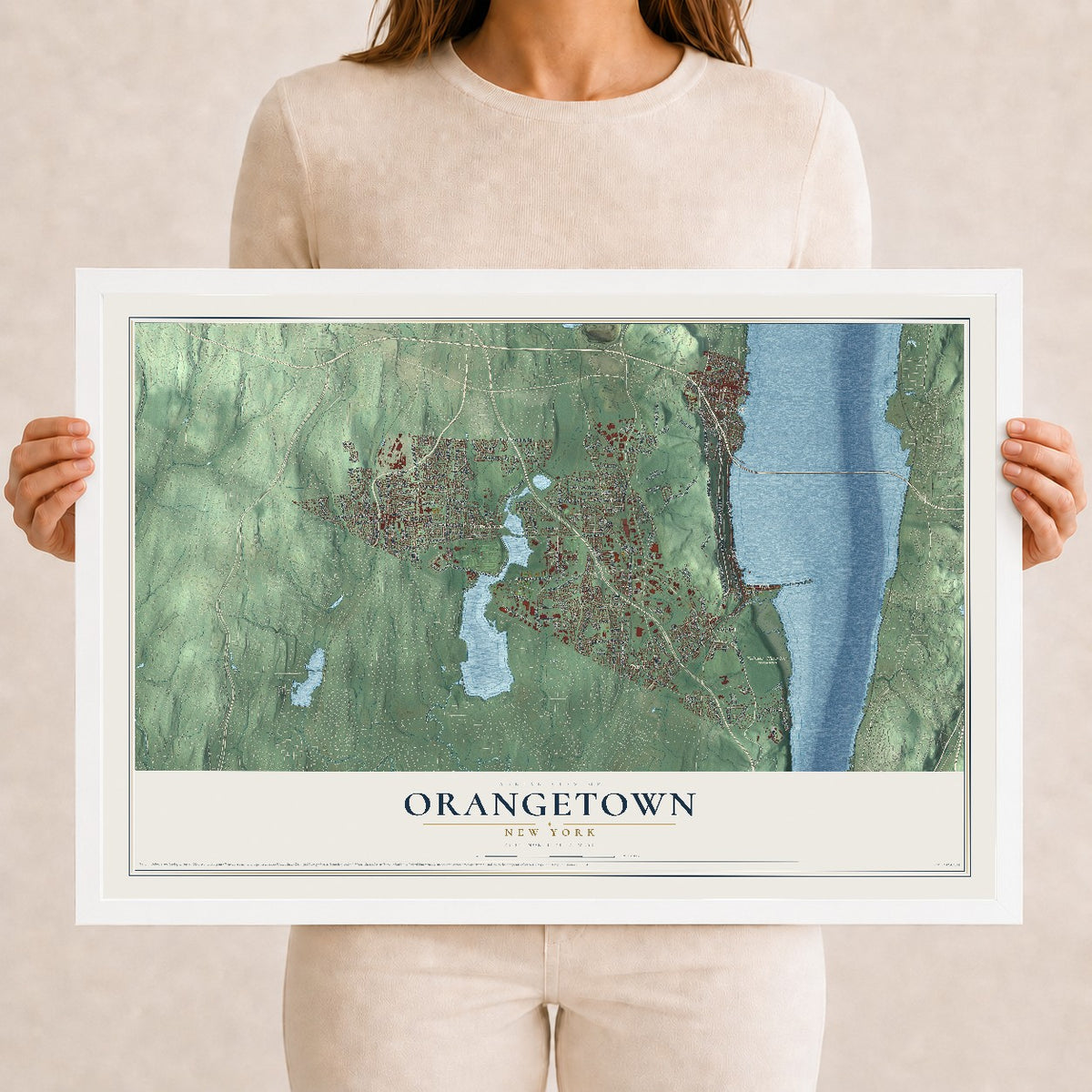 Orangetown, New York map print, 12" x 18" W/ White Ayous Wood Frame mockup