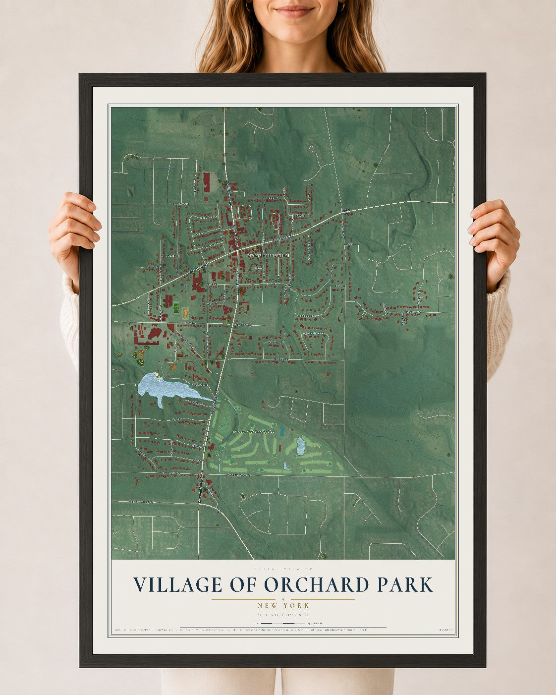 Orchard Park, New York map print, 24" x 36" W/ Black Ayous Wood Frame mockup