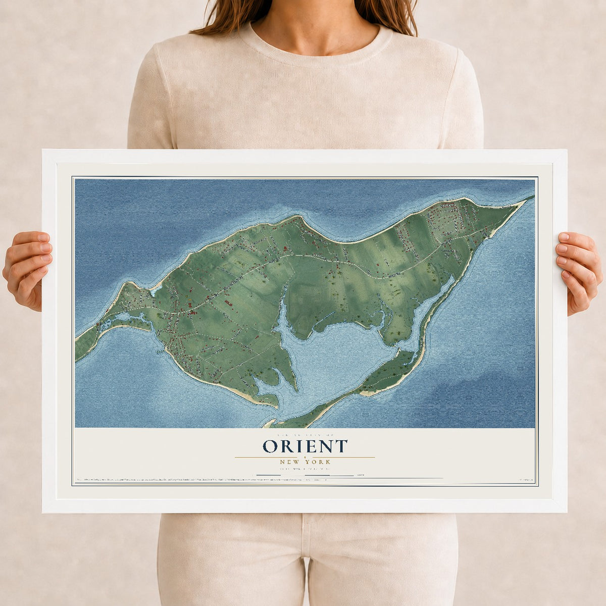 Orient, New York map print, 12" x 18" W/ White Ayous Wood Frame mockup