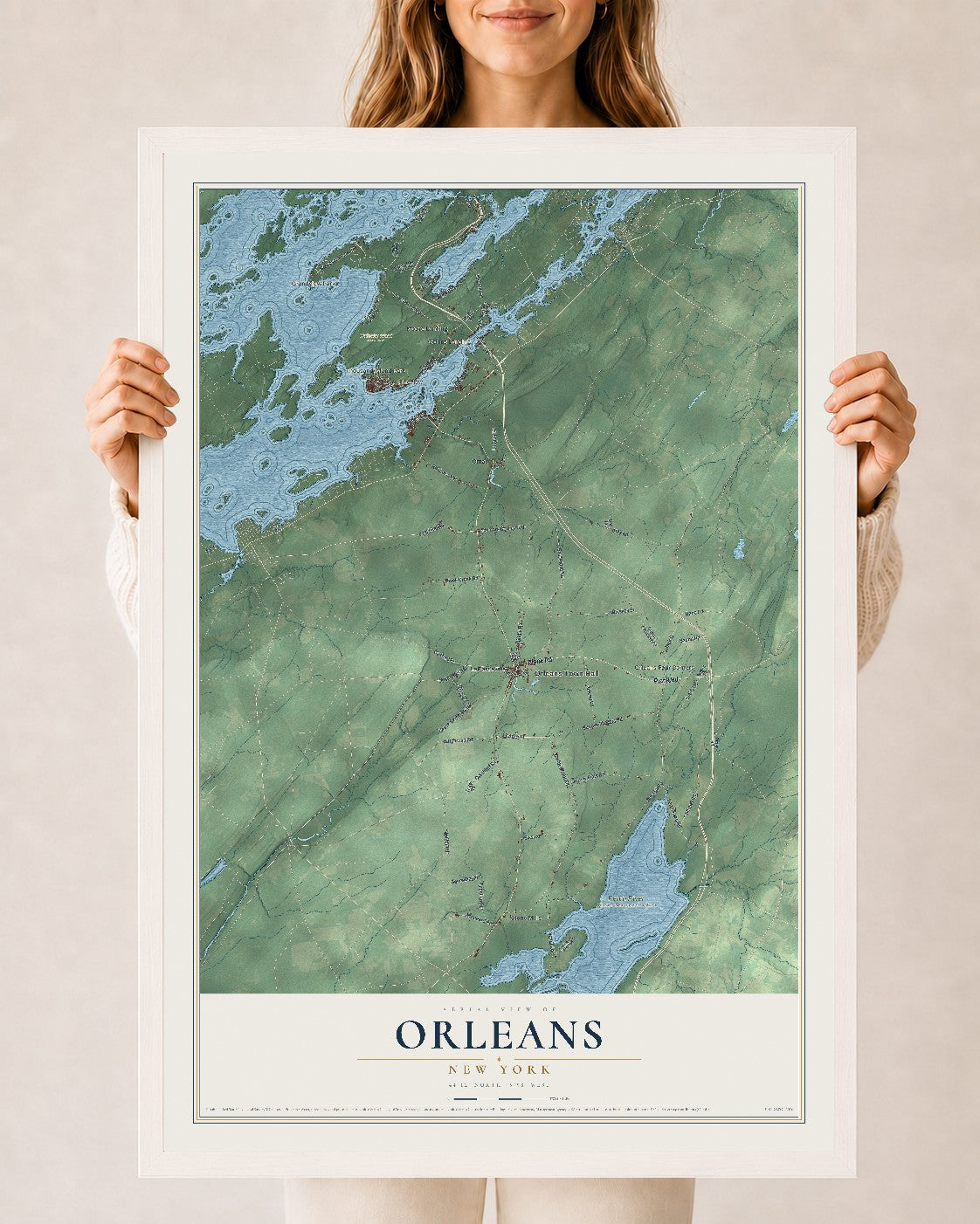 Orleans, New York map print, 24" x 36" W/ White Ayous Wood Frame mockup