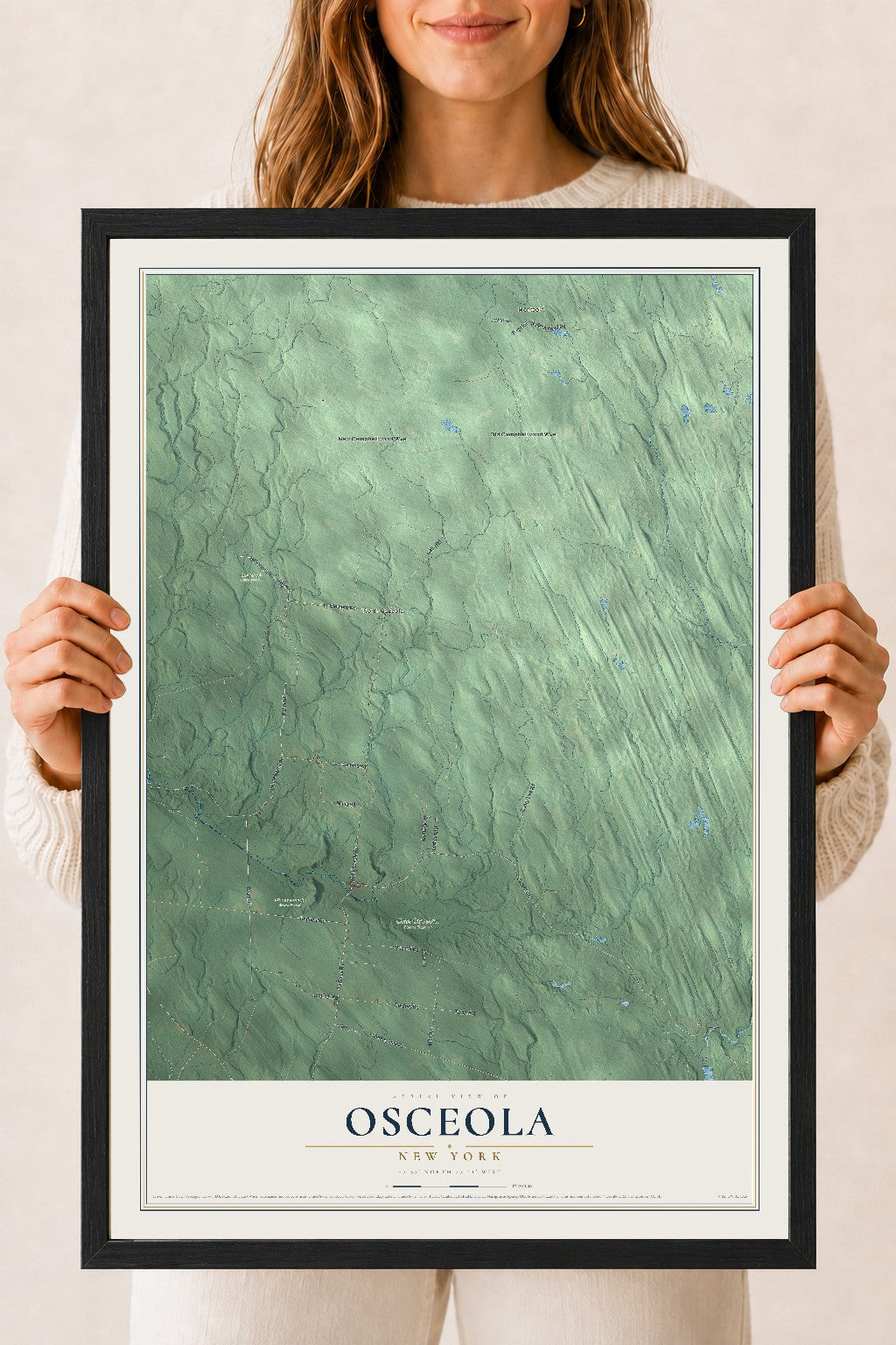 Osceola, New York map print, 18" x 24" W/ Black Ayous Wood Frame mockup