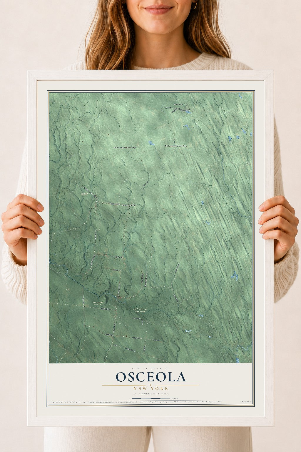 Osceola, New York map print, 18" x 24" W/ White Ayous Wood Frame mockup