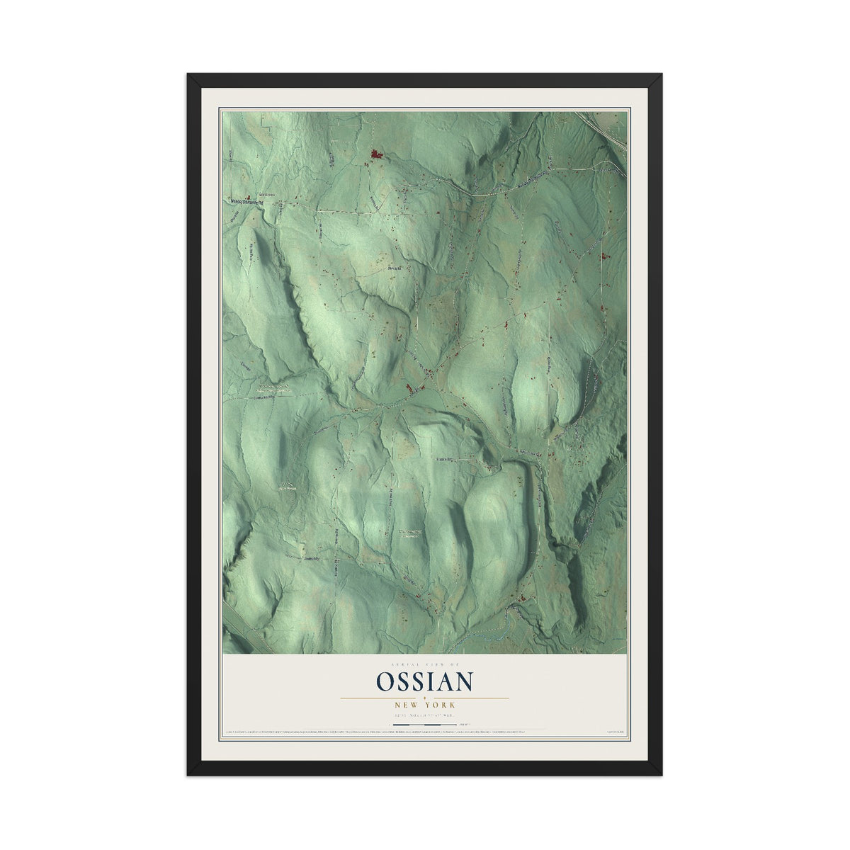 Ossian, New York map print, 12" x 18" W/ Black Ayous Wood Frame mockup