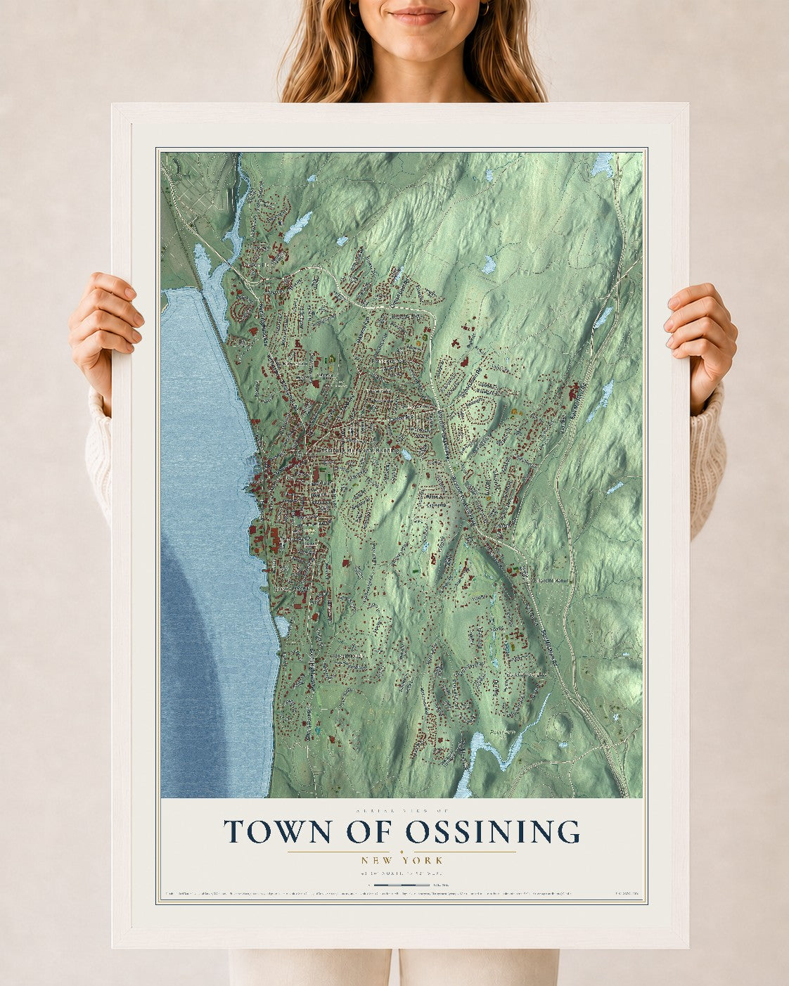 Ossining, New York map print, 24" x 36" W/ White Ayous Wood Frame mockup