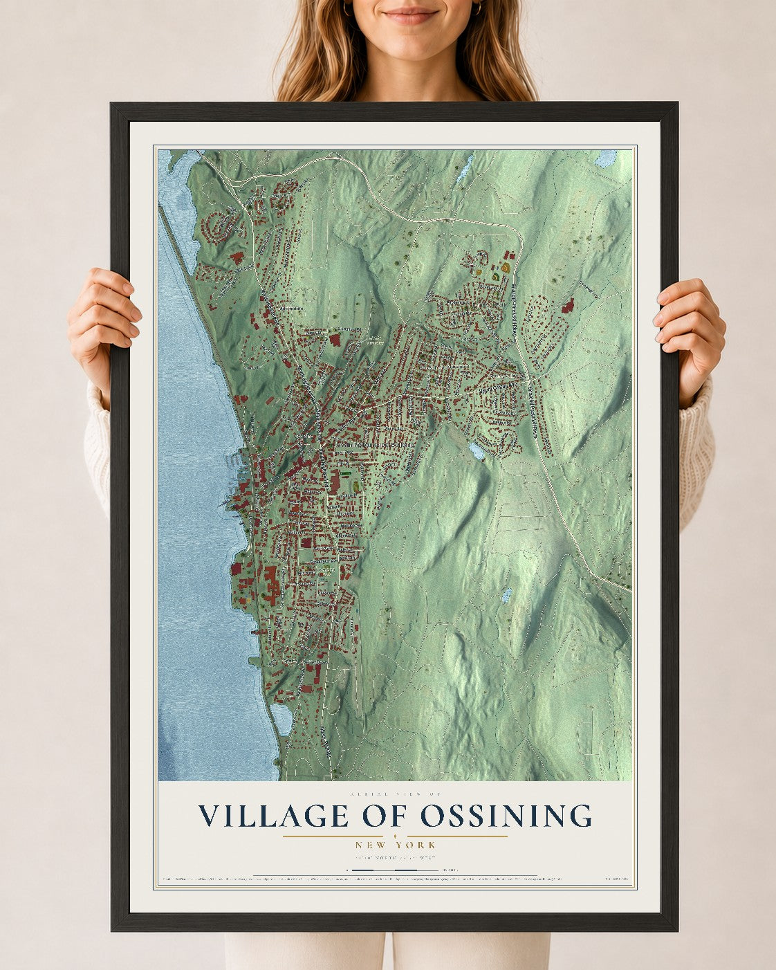 Ossining, New York map print, 24" x 36" W/ Black Ayous Wood Frame mockup
