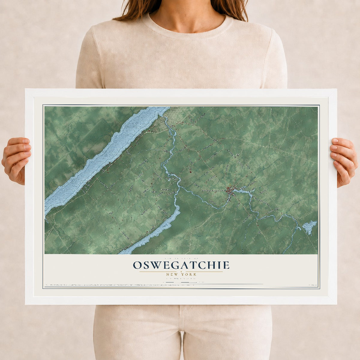 Map of Oswegatchie, New York, 12 x 18 inch print in a white wood frame