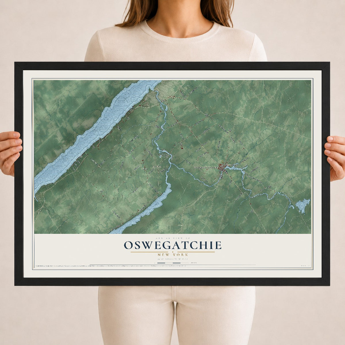 Map of Oswegatchie, New York, 18 x 24 inch print in a black wood frame