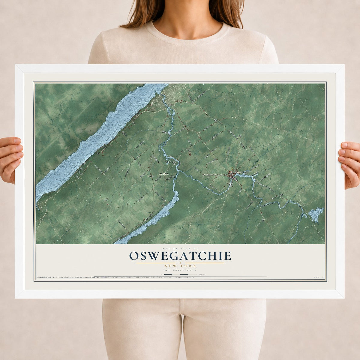 Map of Oswegatchie, New York, 18 x 24 inch print in a white wood frame