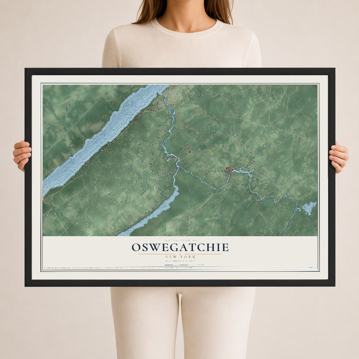 Map of Oswegatchie, New York, 24 x 36 inch print in a black wood frame